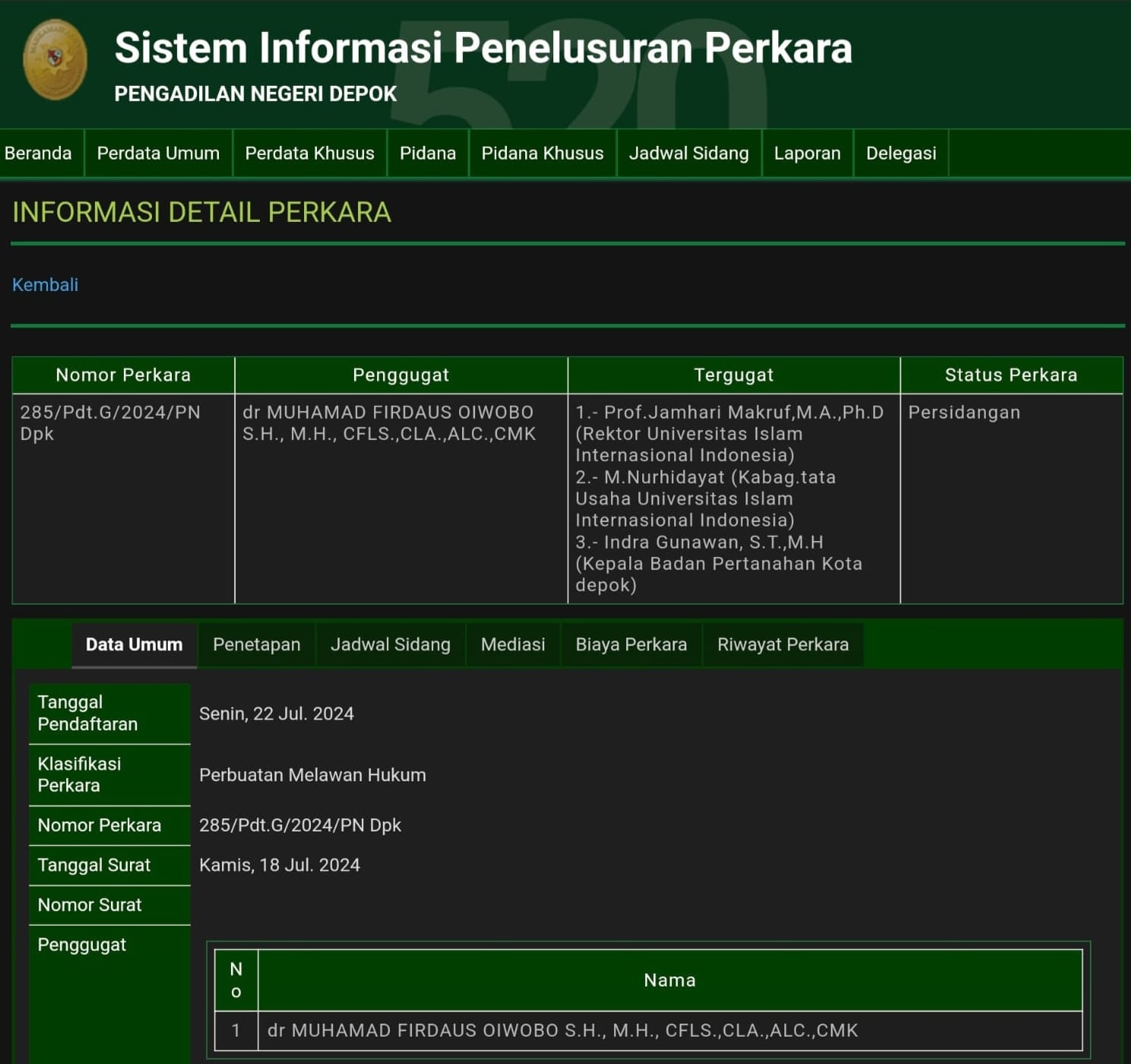 PN Depok Tegaskan, Firdaus Ikut Sidang Perdata Bukan Sebagai Pengacara