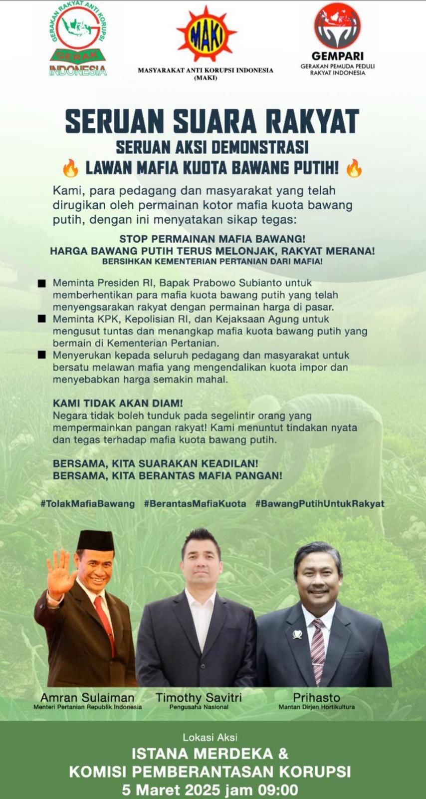 Elemen Masyarakat Serukan Aksi Demo Lawan Mafia Kuota Bawang Putih